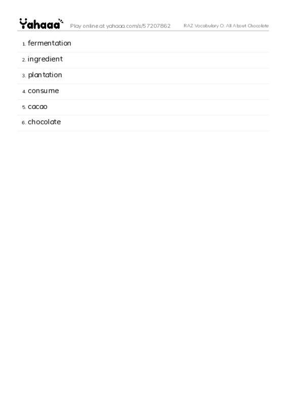 RAZ Vocabulary O: All About Chocolate PDF words glossary