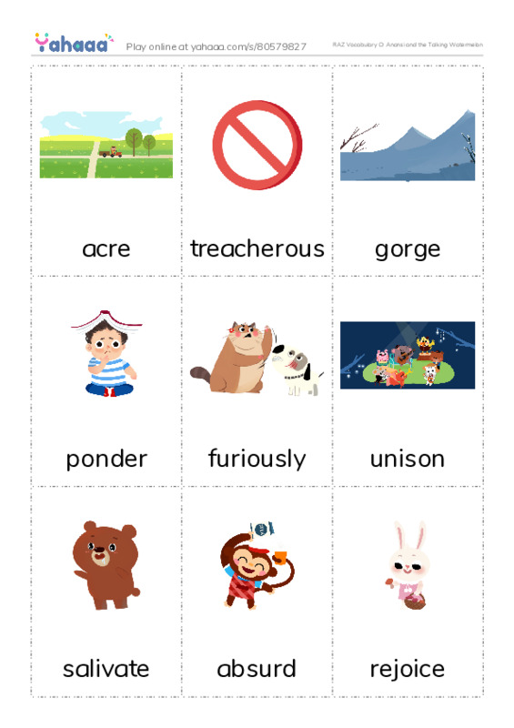 RAZ Vocabulary O: Anansi and the Talking Watermelon PDF flaschards with images