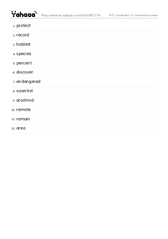 RAZ Vocabulary O: Animal Discoveries PDF words glossary