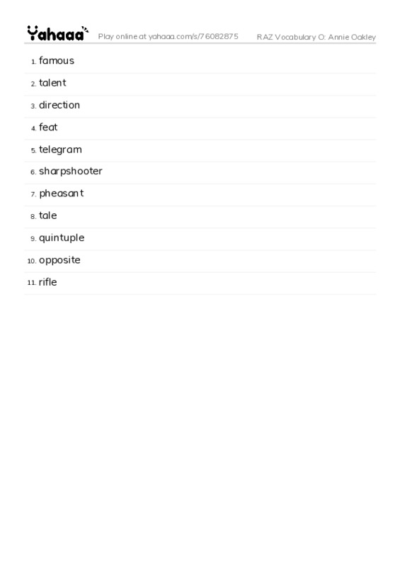 RAZ Vocabulary O: Annie Oakley PDF words glossary