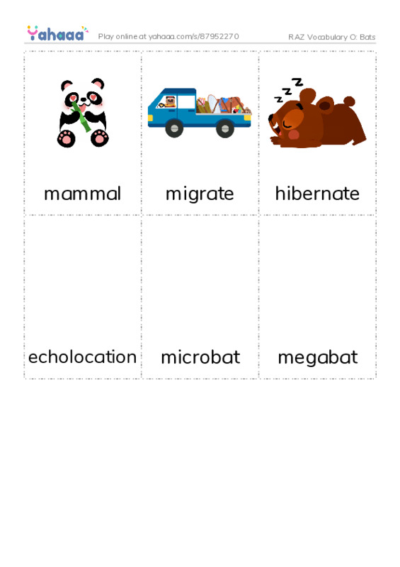 RAZ Vocabulary O: Bats PDF flaschards with images