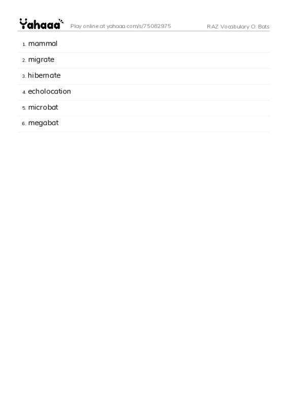 RAZ Vocabulary O: Bats PDF words glossary