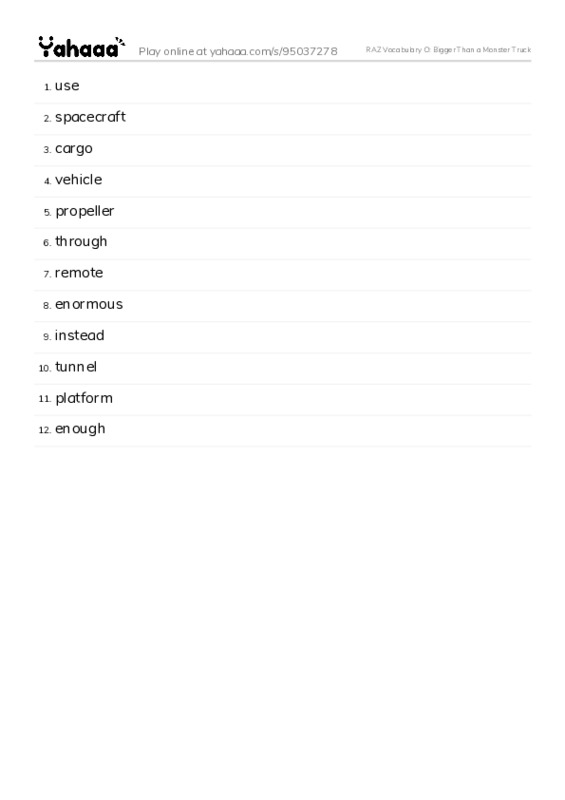 RAZ Vocabulary O: Bigger Than a Monster Truck PDF words glossary