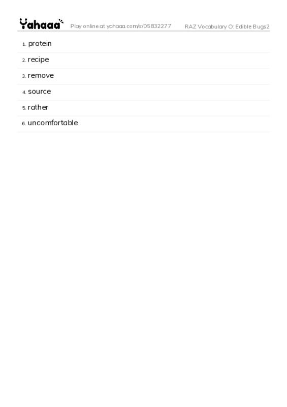 RAZ Vocabulary O: Edible Bugs2 PDF words glossary
