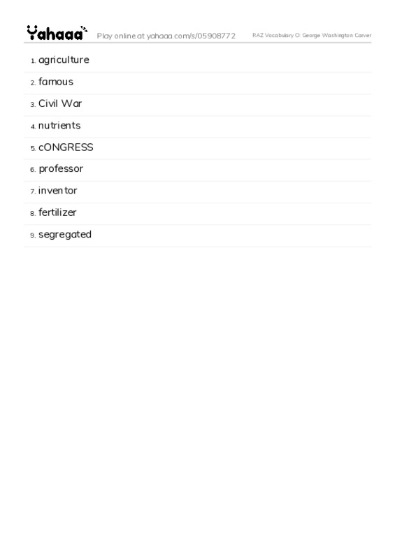 RAZ Vocabulary O: George Washington Carver PDF words glossary