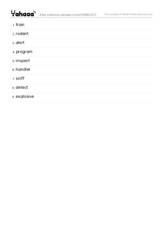 RAZ Vocabulary O: HeroRATS Rats Who Save Lives PDF words glossary