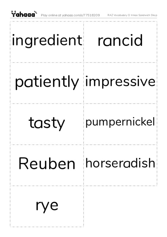 RAZ Vocabulary O: Irmas Sandwich Shop PDF two columns flashcards