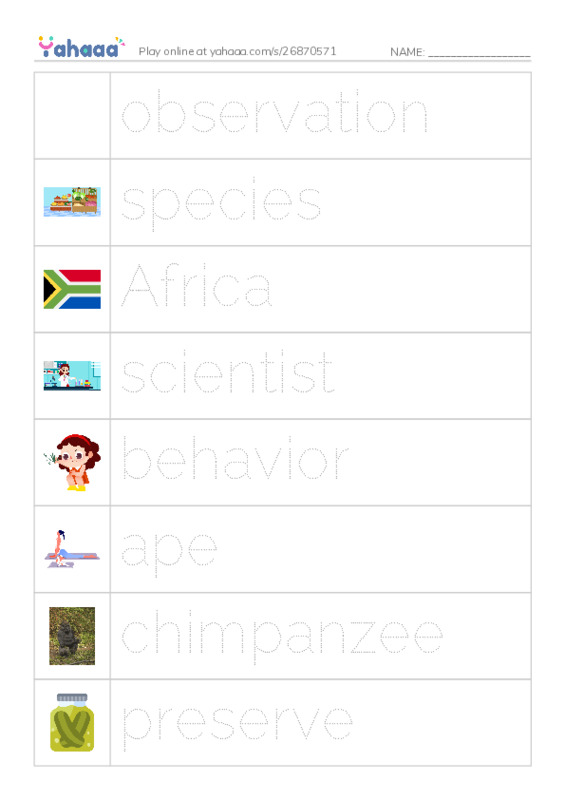 RAZ Vocabulary O: Jane Goodall PDF one column image words