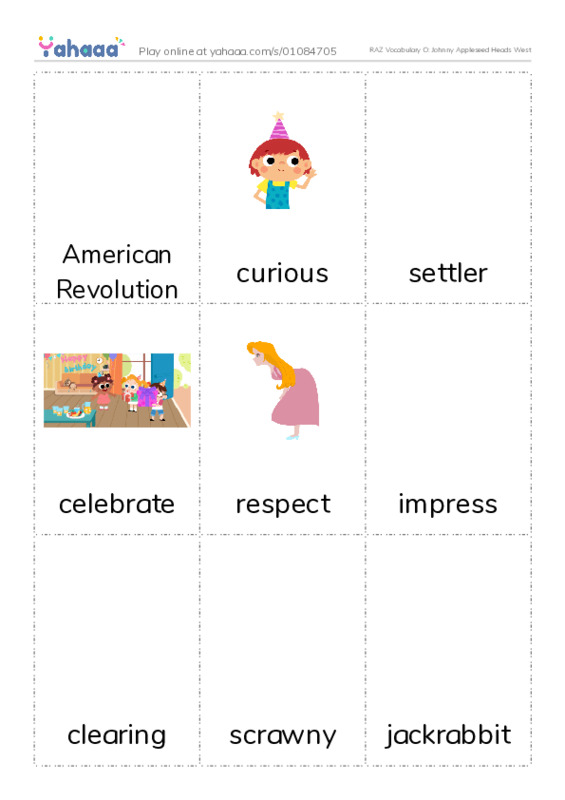 RAZ Vocabulary O: Johnny Appleseed Heads West PDF flaschards with images