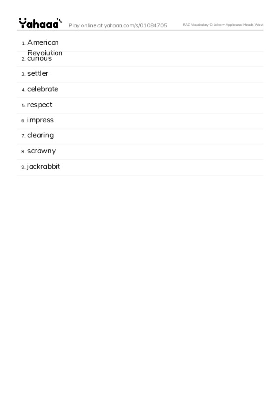 RAZ Vocabulary O: Johnny Appleseed Heads West PDF words glossary