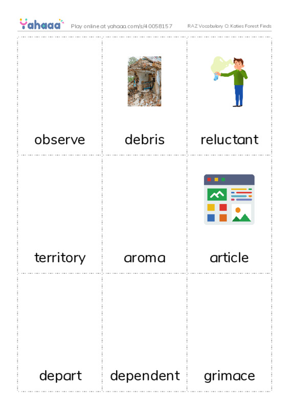 RAZ Vocabulary O: Katies Forest Finds PDF flaschards with images
