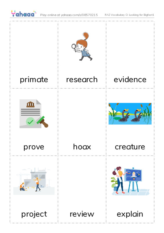 RAZ Vocabulary O: Looking for Bigfoot1 PDF flaschards with images