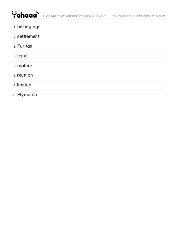 RAZ Vocabulary O: Meeting Father in Plymouth PDF words glossary