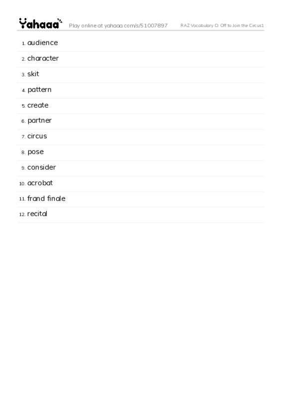 RAZ Vocabulary O: Off to Join the Circus1 PDF words glossary