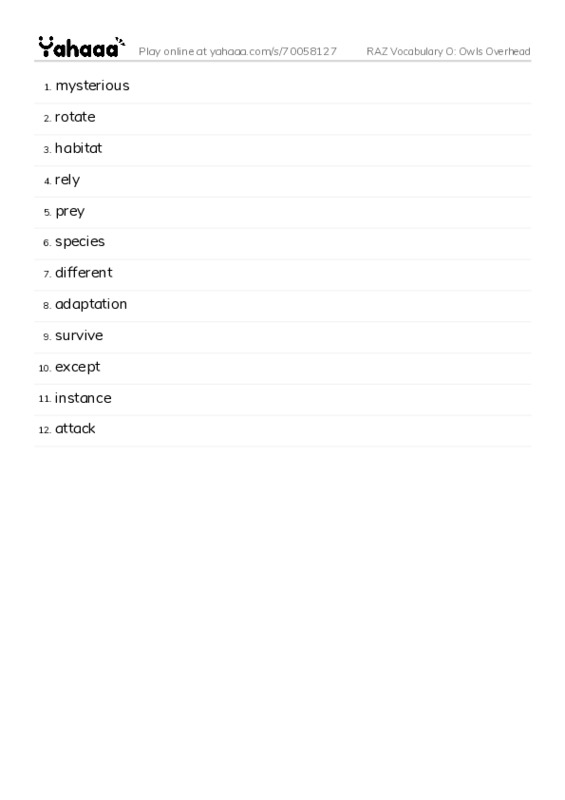 RAZ Vocabulary O: Owls Overhead PDF words glossary