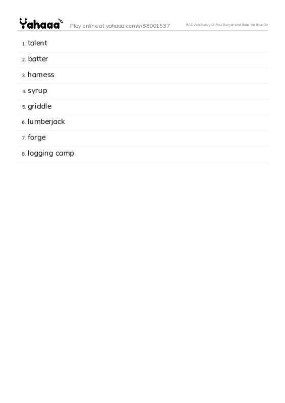 RAZ Vocabulary O: Paul Bunyan and Babe the Blue Ox PDF words glossary