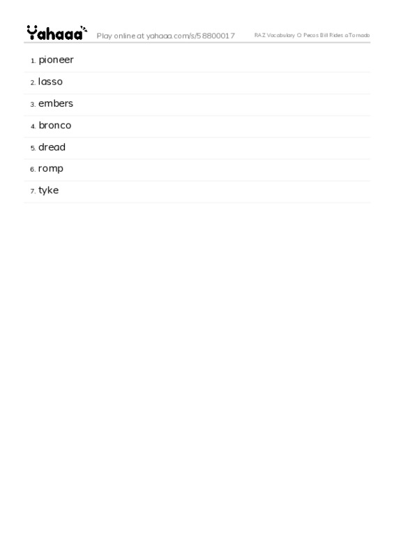 RAZ Vocabulary O: Pecos Bill Rides a Tornado PDF words glossary