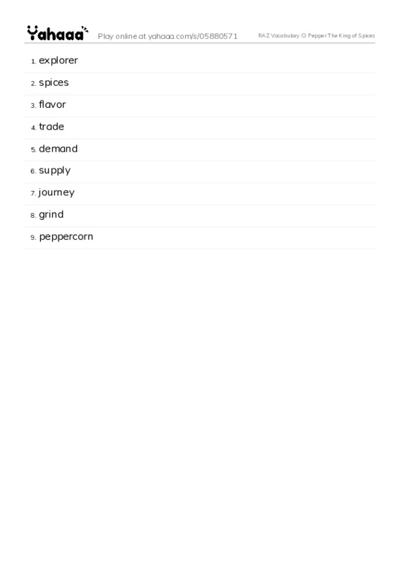 RAZ Vocabulary O: Pepper The King of Spices PDF words glossary
