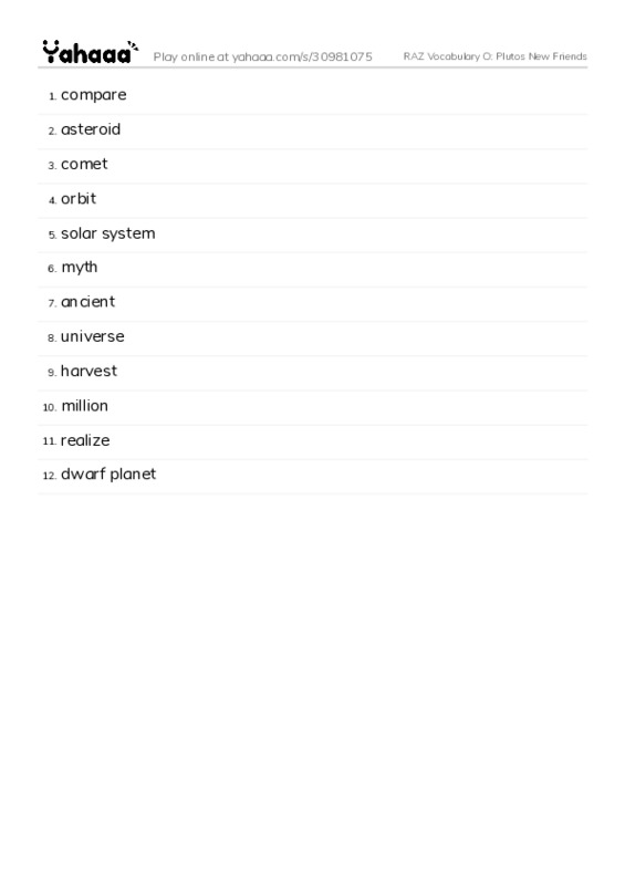 RAZ Vocabulary O: Plutos New Friends PDF words glossary