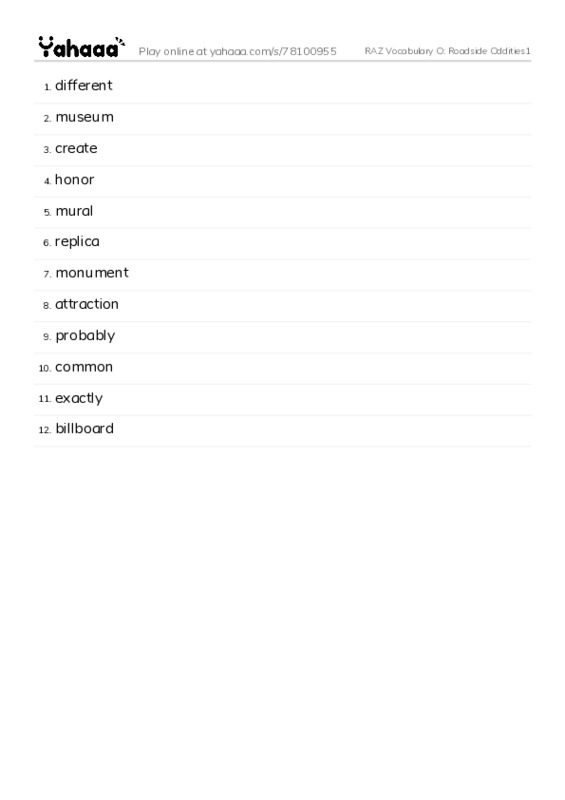 RAZ Vocabulary O: Roadside Oddities1 PDF words glossary