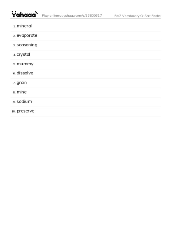 RAZ Vocabulary O: Salt Rocks PDF words glossary