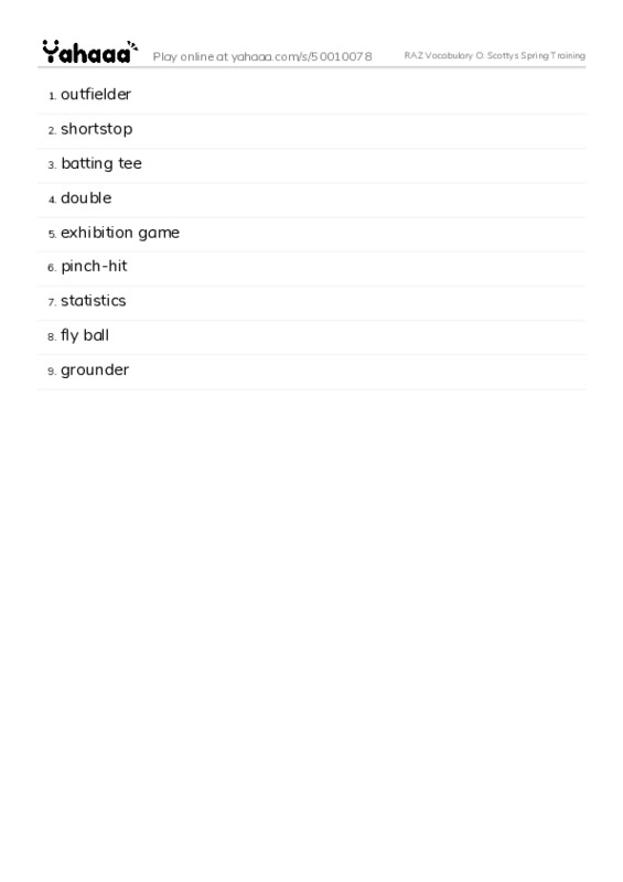 RAZ Vocabulary O: Scottys Spring Training PDF words glossary