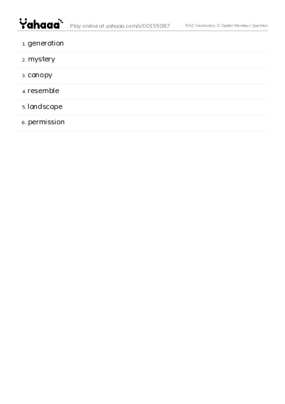RAZ Vocabulary O: Spider Monkeys Question PDF words glossary