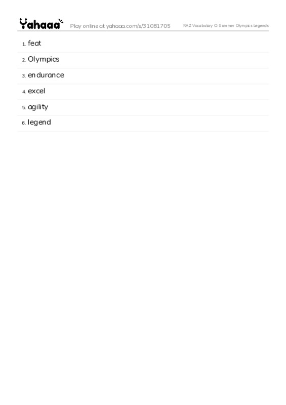 RAZ Vocabulary O: Summer Olympics Legends PDF words glossary