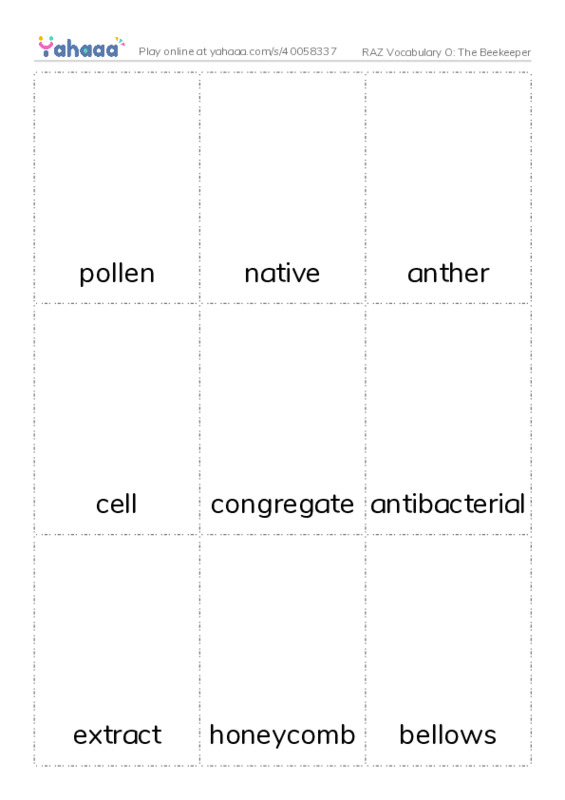 RAZ Vocabulary O: The Beekeeper PDF flaschards with images