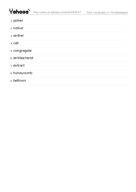 RAZ Vocabulary O: The Beekeeper PDF words glossary