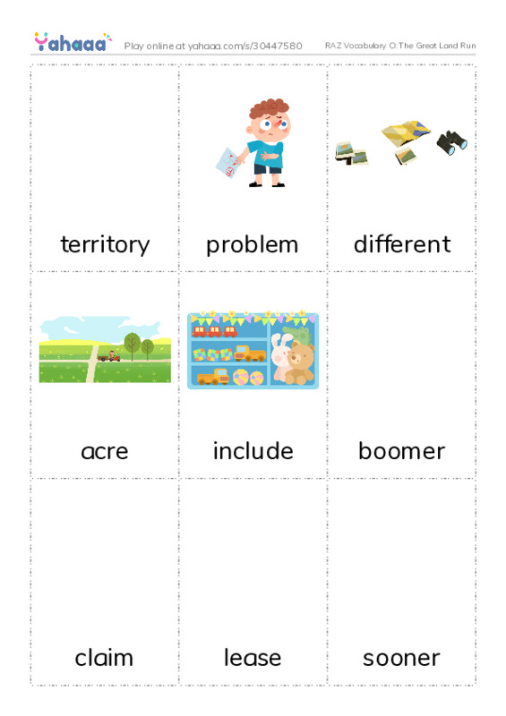 RAZ Vocabulary O: The Great Land Run PDF flaschards with images