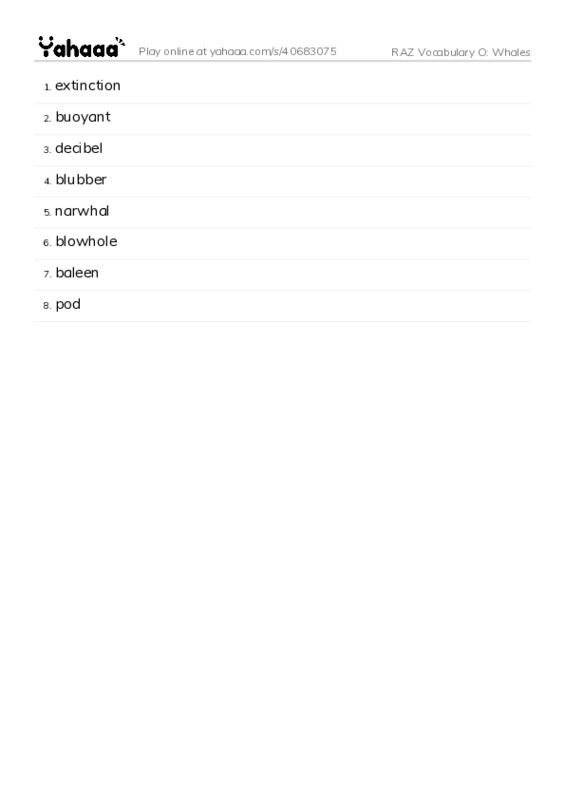 RAZ Vocabulary O: Whales PDF words glossary