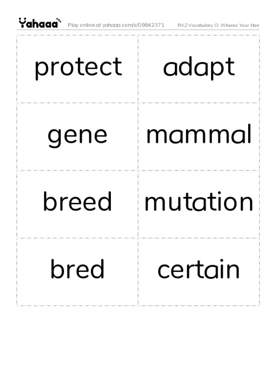 RAZ Vocabulary O: Wheres Your Hair PDF two columns flashcards