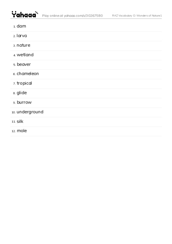 RAZ Vocabulary O: Wonders of Nature1 PDF words glossary