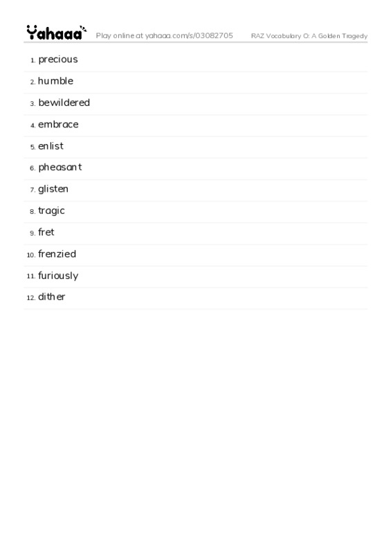 RAZ Vocabulary O: A Golden Tragedy PDF words glossary