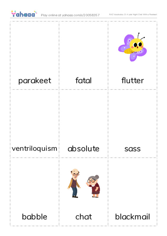 RAZ Vocabulary O: A Late Night Chat With a Parakeet PDF flaschards with images