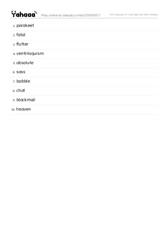 RAZ Vocabulary O: A Late Night Chat With a Parakeet PDF words glossary