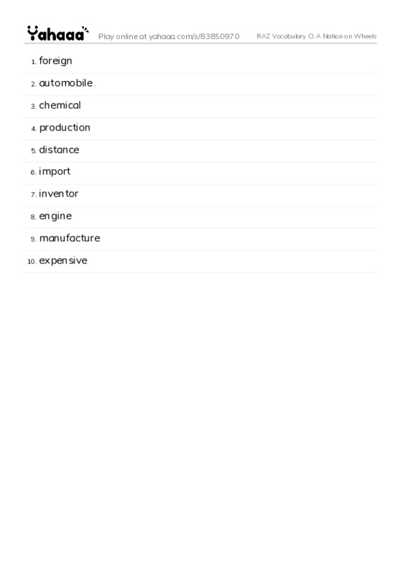 RAZ Vocabulary O: A Nation on Wheels PDF words glossary