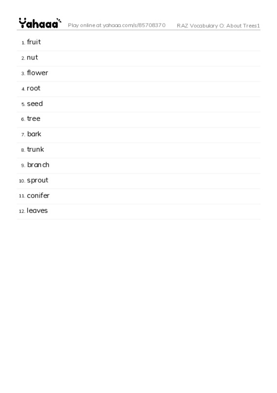 RAZ Vocabulary O: About Trees1 PDF words glossary