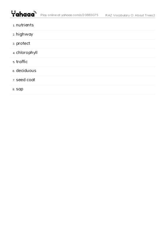 RAZ Vocabulary O: About Trees2 PDF words glossary