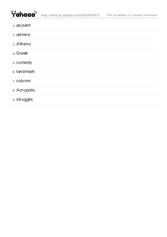 RAZ Vocabulary O: Acropolis Adventure PDF words glossary