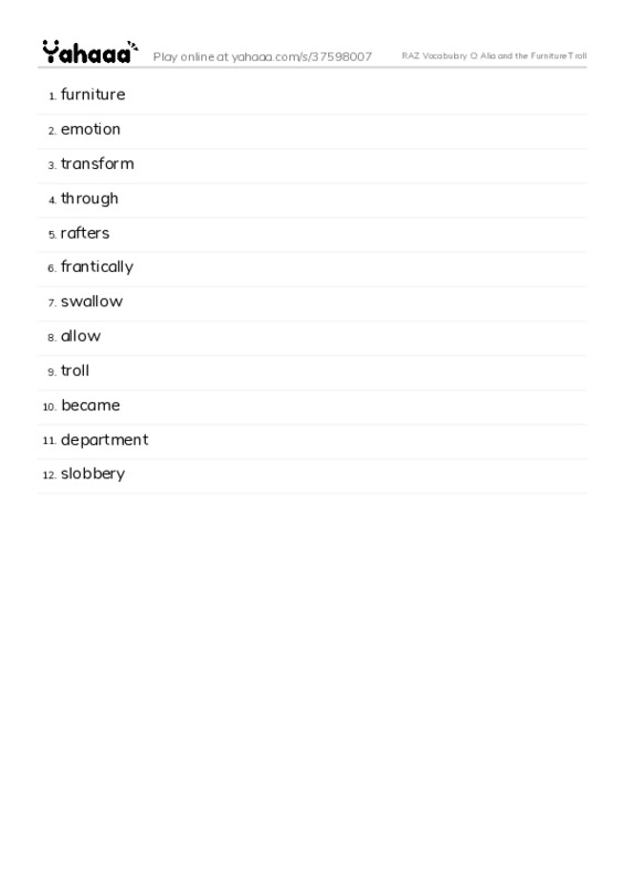 RAZ Vocabulary O: Alia and the Furniture Troll PDF words glossary