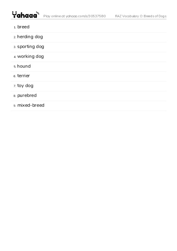 RAZ Vocabulary O: Breeds of Dogs PDF words glossary