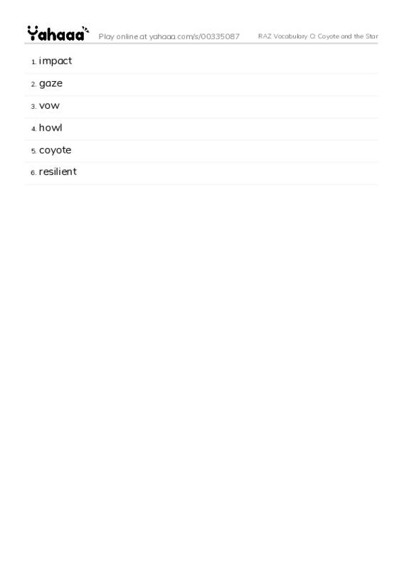 RAZ Vocabulary O: Coyote and the Star PDF words glossary