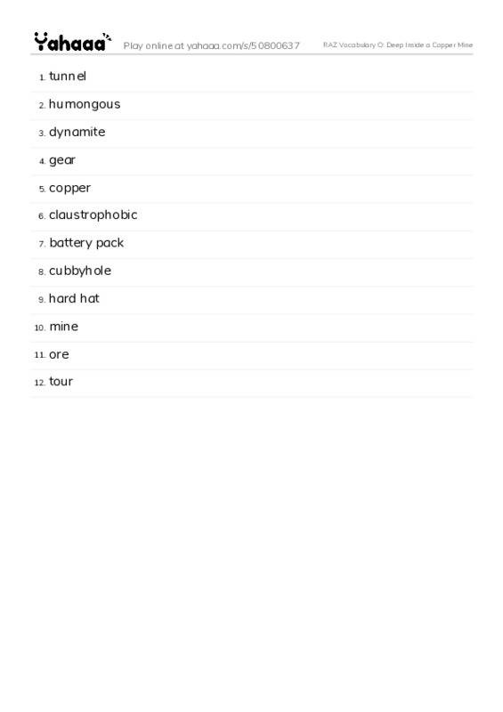 RAZ Vocabulary O: Deep Inside a Copper Mine PDF words glossary