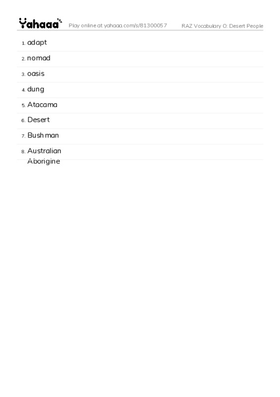 RAZ Vocabulary O: Desert People PDF words glossary