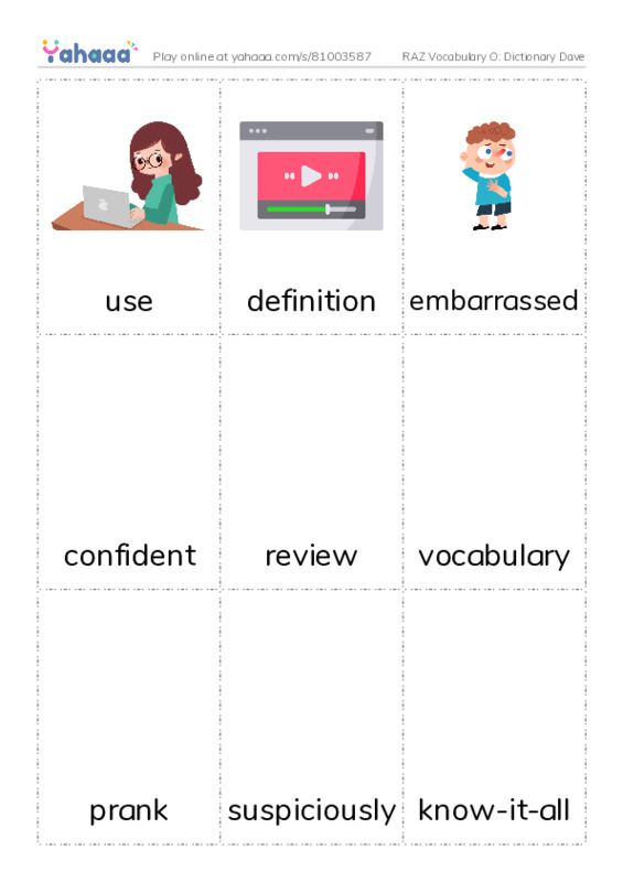 RAZ Vocabulary O: Dictionary Dave PDF flaschards with images