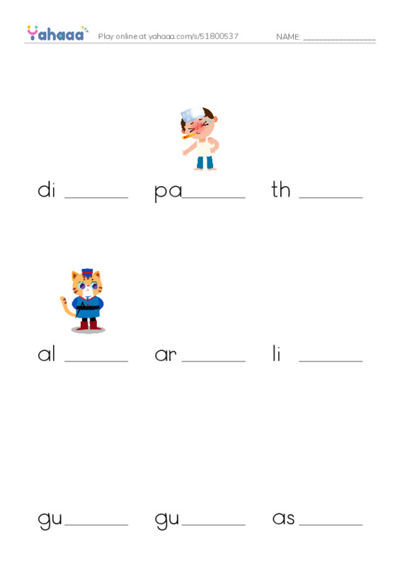RAZ Vocabulary O: Dogs at Work PDF worksheet to fill in words gaps