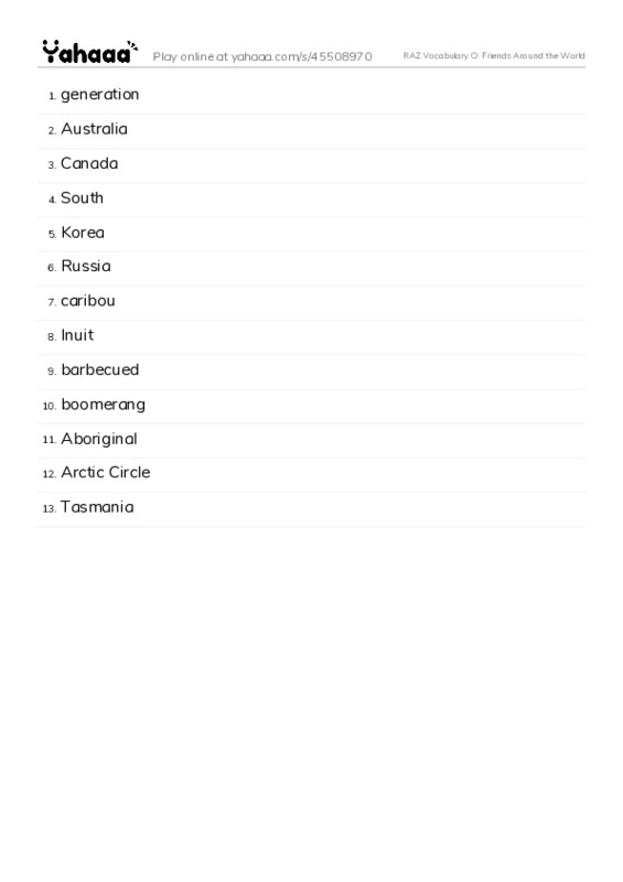 RAZ Vocabulary O: Friends Around the World PDF words glossary
