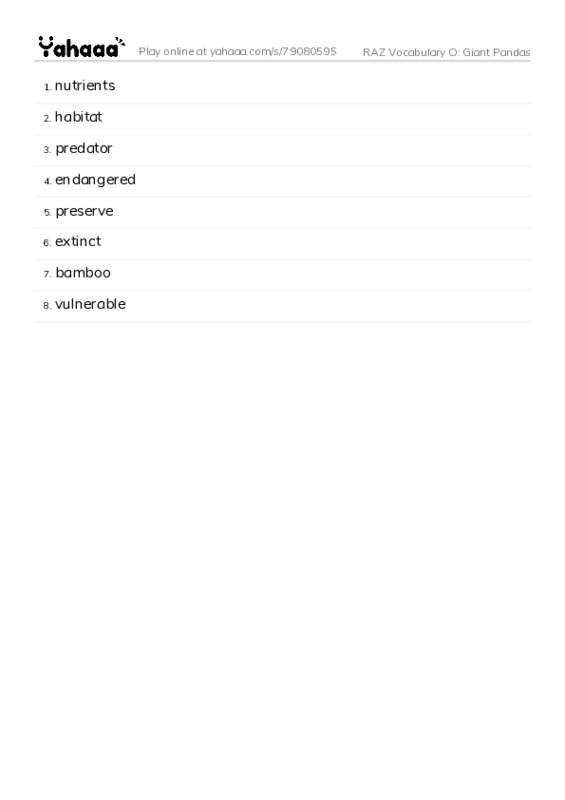 RAZ Vocabulary O: Giant Pandas PDF words glossary
